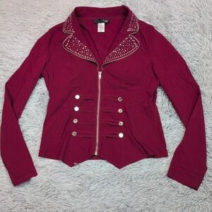Oh Yes Shirt Womens 1X‎ Red Top Studded Sparkly Lightweight Zip Up Stretch
